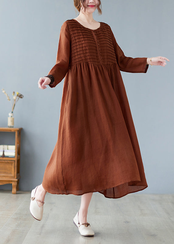 Coffee O-neck Patchwork Button Long Dress Summer
