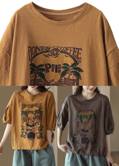 Coffee O-neck Patchwork Cozy Cotton T Shirt Summer