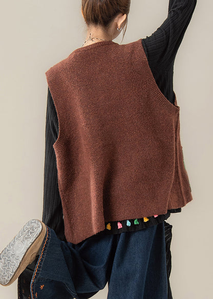 Coffee O-neck Pockets Thick Cotton Knit Sweaters Sleeveless