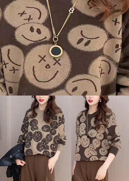 Chocolate O-neck Print Knit Sweaters Fall