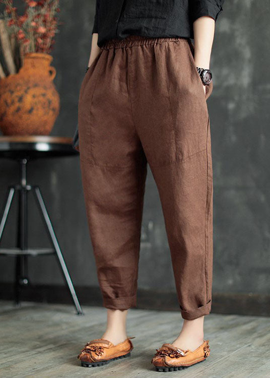 Chocolate Patchwork Linen Crop Pants Elastic Waist Color Summer