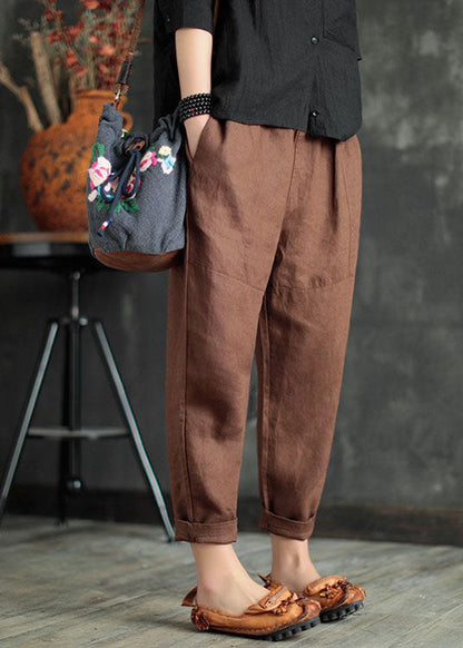 Chocolate Patchwork Linen Crop Pants Elastic Waist Color Summer