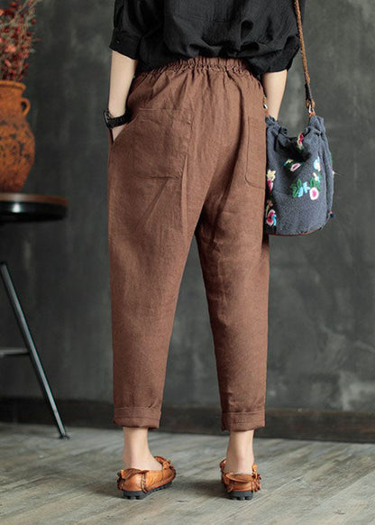 Chocolate Patchwork Linen Crop Pants Elastic Waist Color Summer