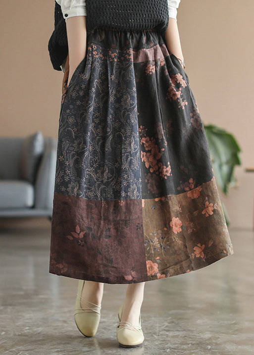 Chocolate Patchwork Linen Skirt Elastic Waist Spring