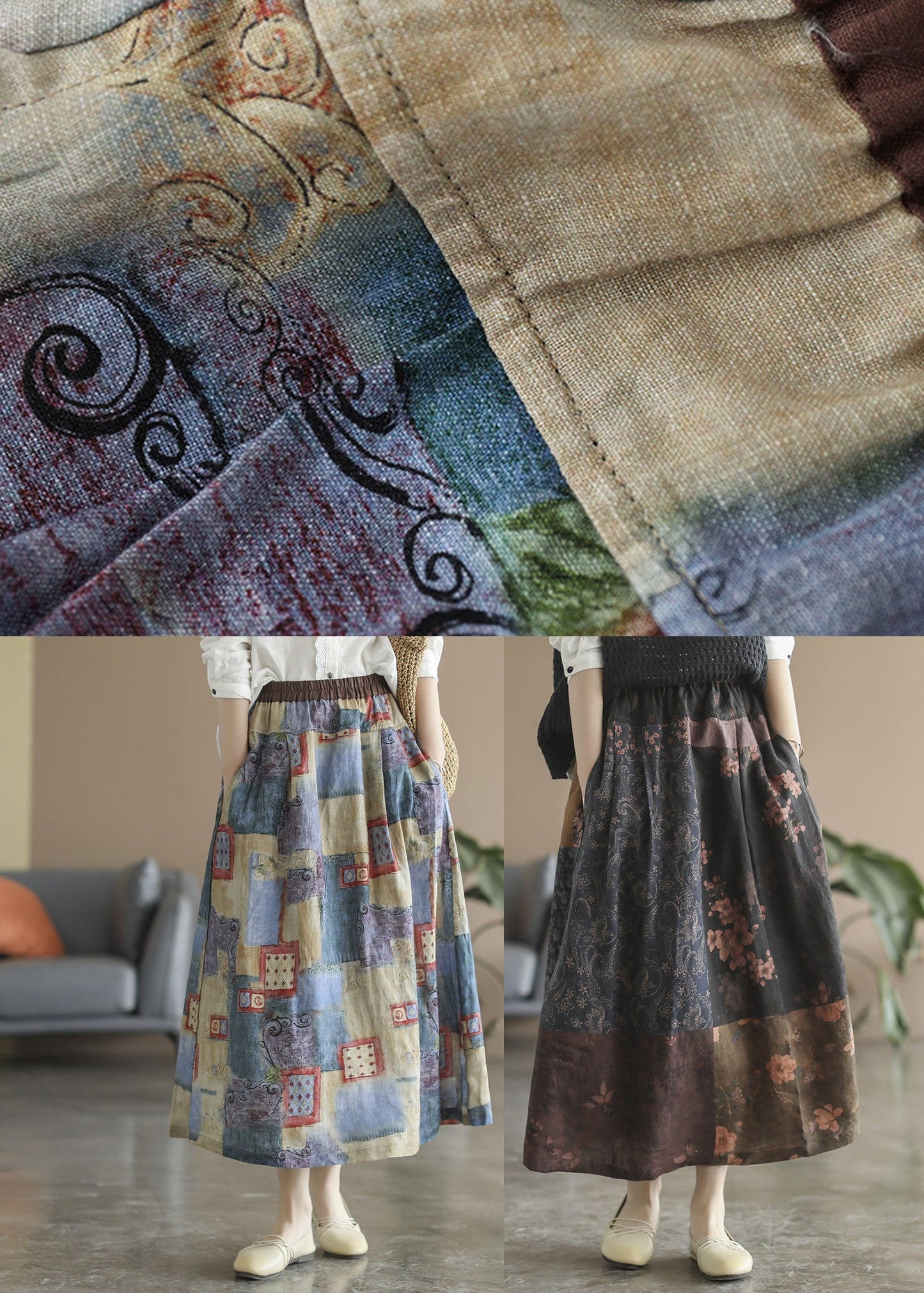 Chocolate Patchwork Linen Skirt Elastic Waist Spring