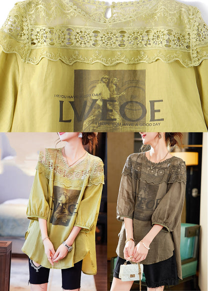 Coffee Patchwork O-neck Low High Design Linen T Shirt Half Sleeve
