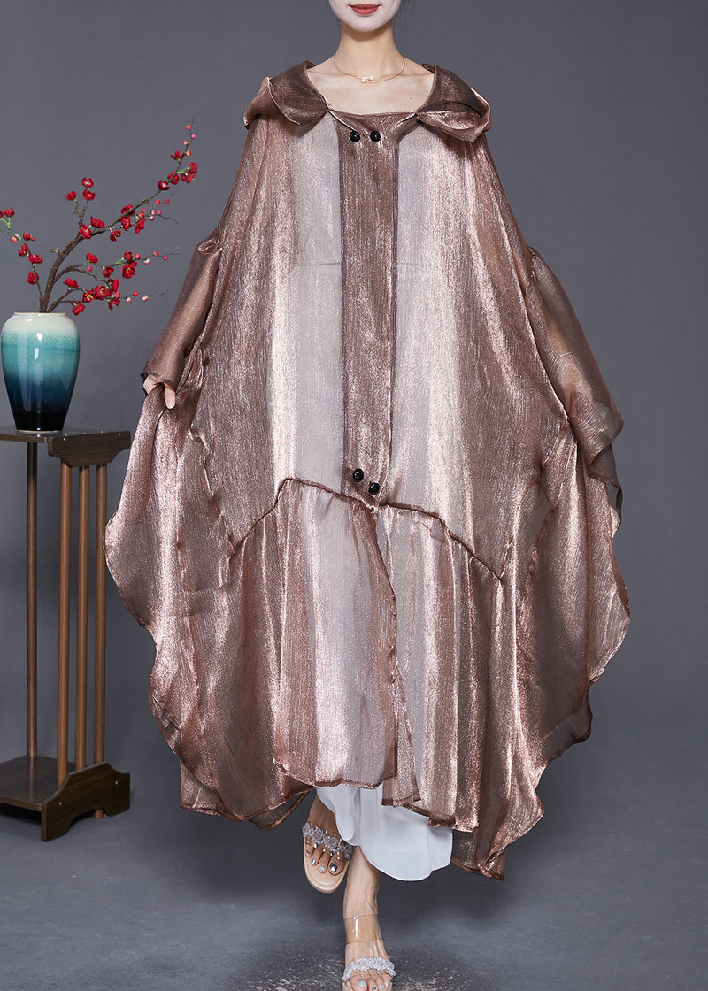 Coffee Patchwork Silk Upf 50+ Long Cardigans Hooded Batwing Sleeve