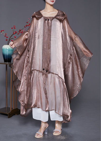 Coffee Patchwork Silk Upf 50+ Long Cardigans Hooded Batwing Sleeve