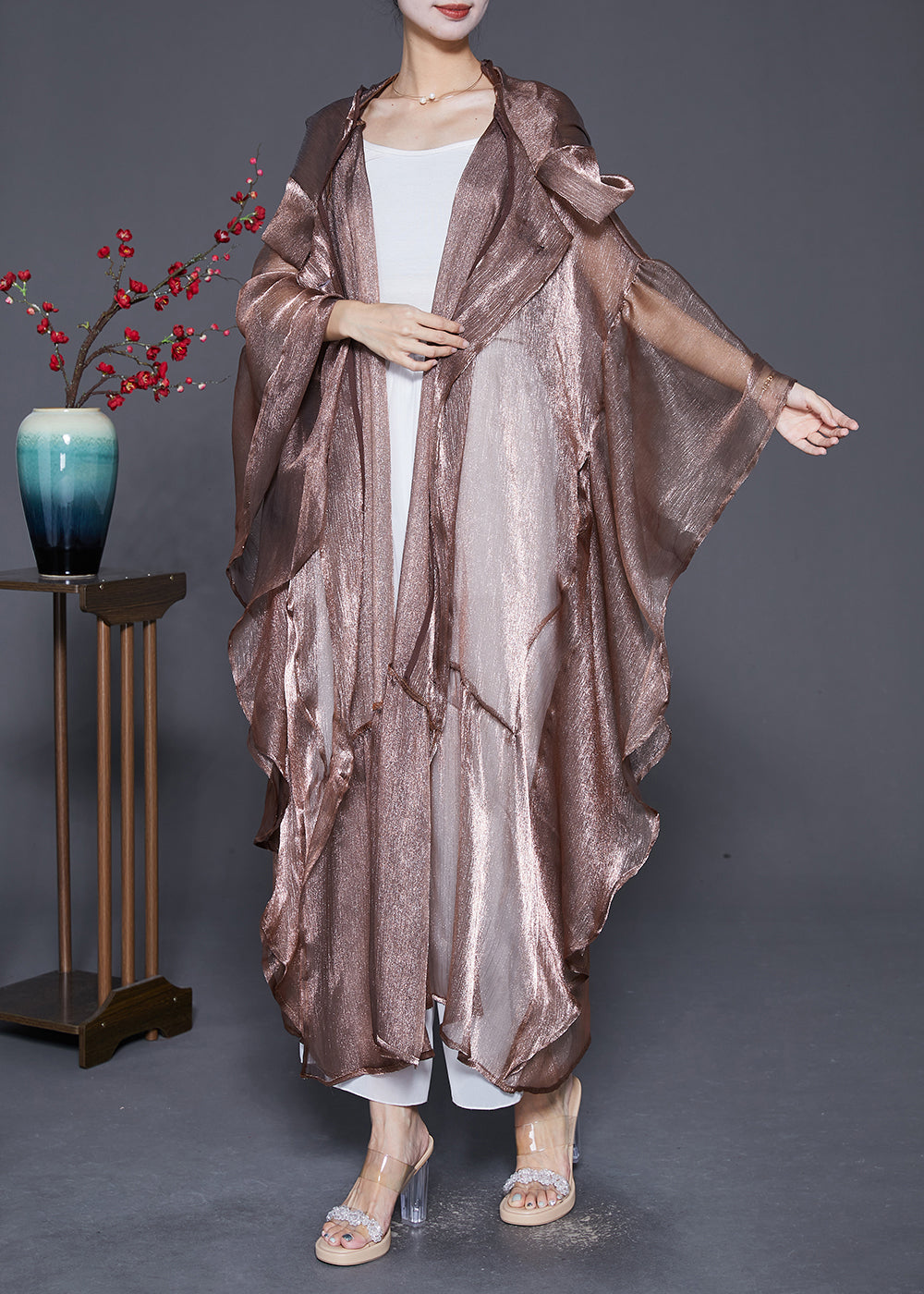 Coffee Patchwork Silk Upf 50+ Long Cardigans Hooded Batwing Sleeve