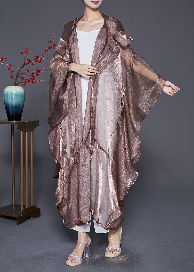Coffee Patchwork Silk Upf 50+ Long Cardigans Hooded Batwing Sleeve