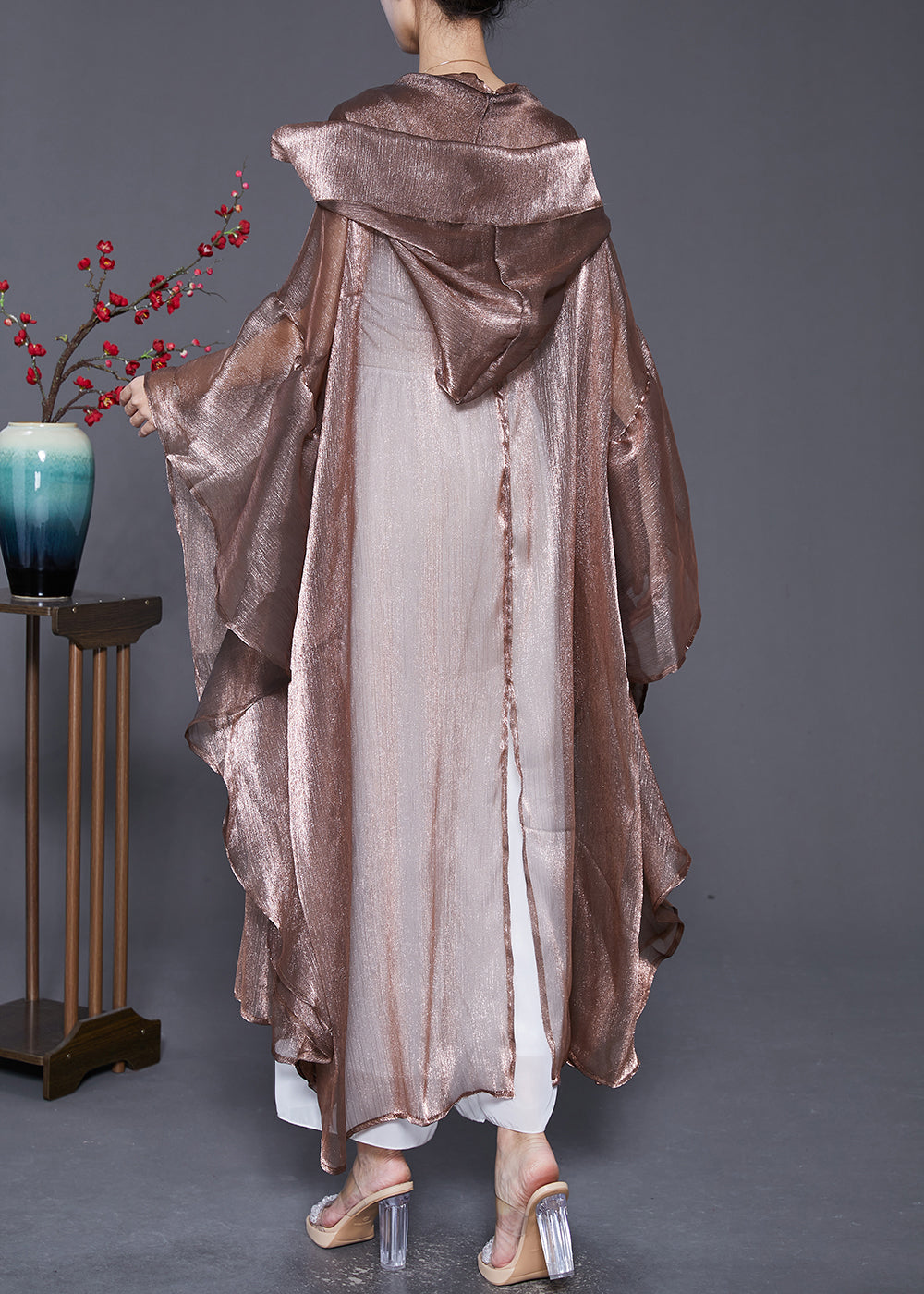 Coffee Patchwork Silk Upf 50+ Long Cardigans Hooded Batwing Sleeve