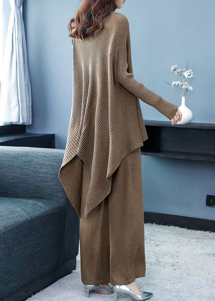 Coffee Patchwork Tops and Pants Woolen Two Piece Suit Set Asymmetrical Fall
