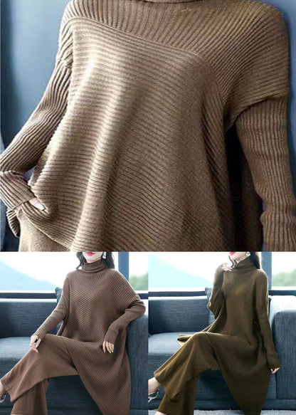 Coffee Patchwork Tops and Pants Woolen Two Piece Suit Set Asymmetrical Fall