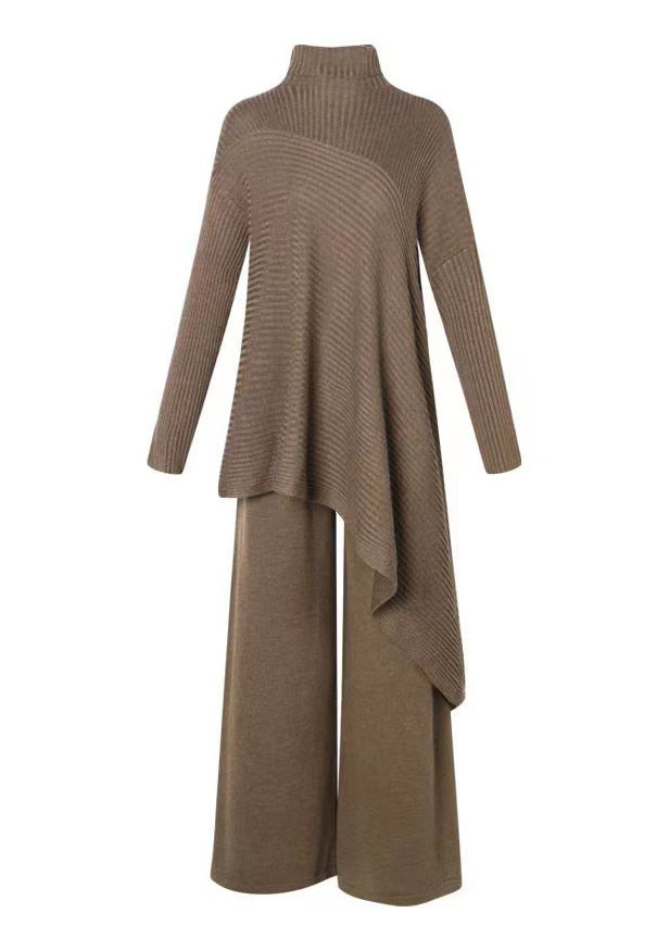 Coffee Patchwork Tops and Pants Woolen Two Piece Suit Set Asymmetrical Fall