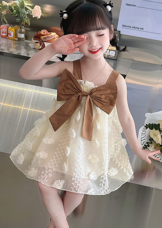 Coffee Patchwork Tulle Kids Dress Ruffled Bow Sleeveless