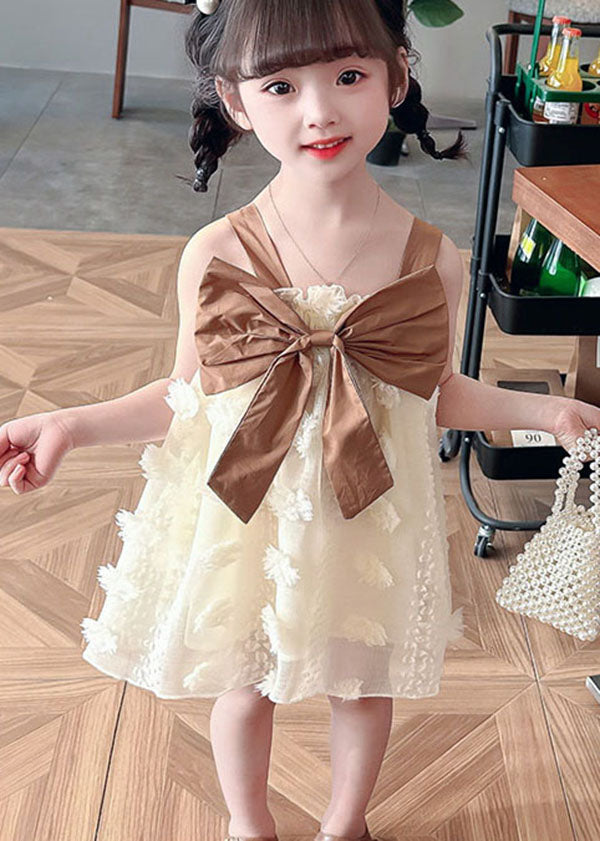 Coffee Patchwork Tulle Kids Dress Ruffled Bow Sleeveless