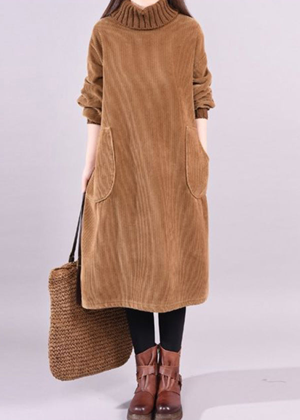 Chocolate Patchwork Thick Corduroy Dresses Turtle Neck Long Sleeve