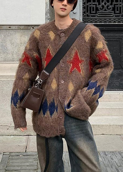 Coffee Plaid Button Cozy Knit Coat O Neck