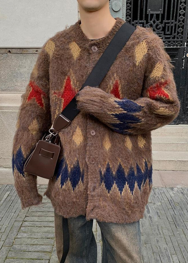 Coffee Plaid Button Cozy Knit Coat O Neck