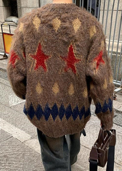 Coffee Plaid Button Cozy Knit Coat O Neck