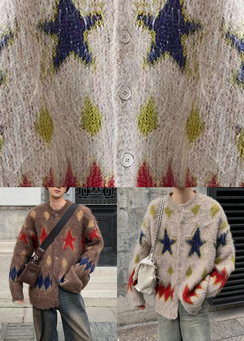 Coffee Plaid Button Cozy Knit Coat O Neck