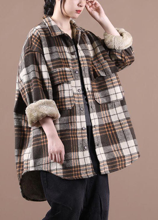 Chocolate Plaid Fleece Wool Lined Outwear Peter Pan Collar Winter