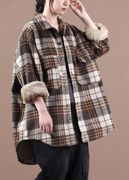 Chocolate Plaid Fleece Wool Lined Outwear Peter Pan Collar Winter
