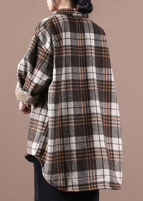 Chocolate Plaid Fleece Wool Lined Outwear Peter Pan Collar Winter