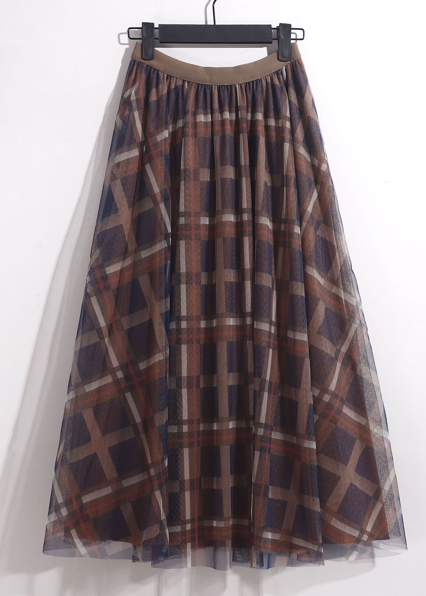 Chocolate Plaid Tulle a Line Skirt High Waist Spring