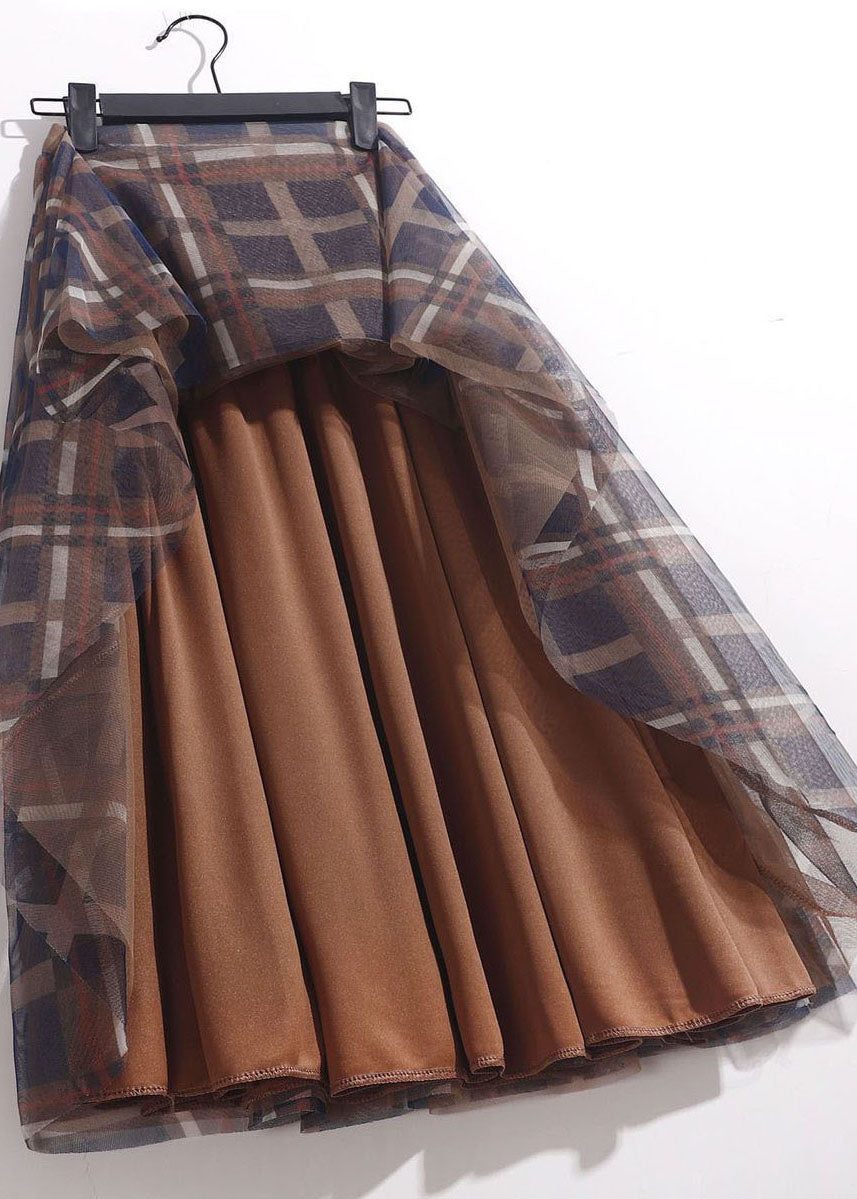 Chocolate Plaid Tulle a Line Skirt High Waist Spring