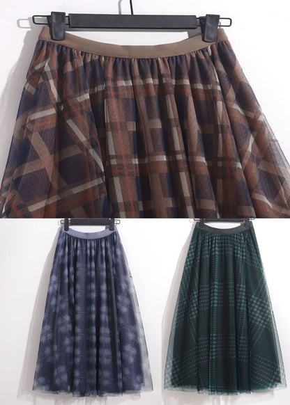 Chocolate Plaid Tulle a Line Skirt High Waist Spring
