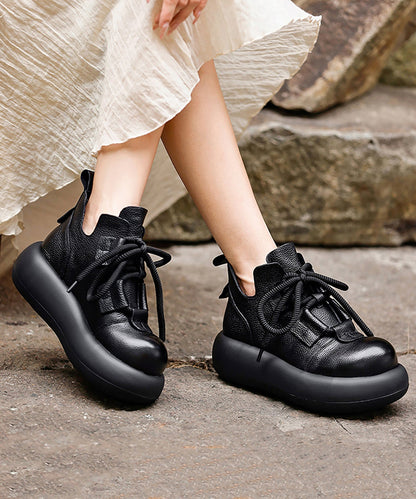 Coffee Platform Cowhide Leather Splicing Boots Lace Up