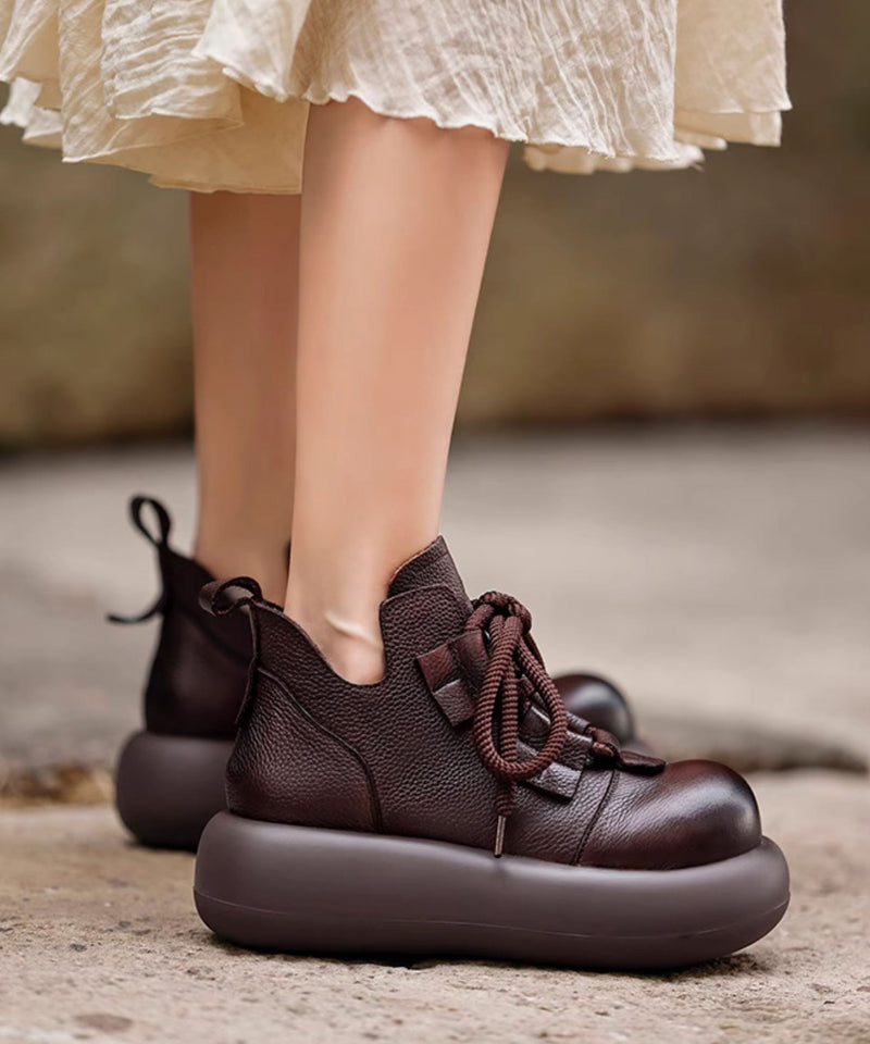 Coffee Platform Cowhide Leather Splicing Boots Lace Up