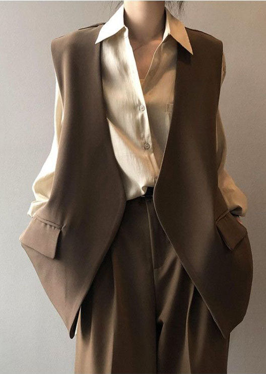 Chocolate Pockets Chiffon Vest Tops Back Side Open Color Sleeveless
