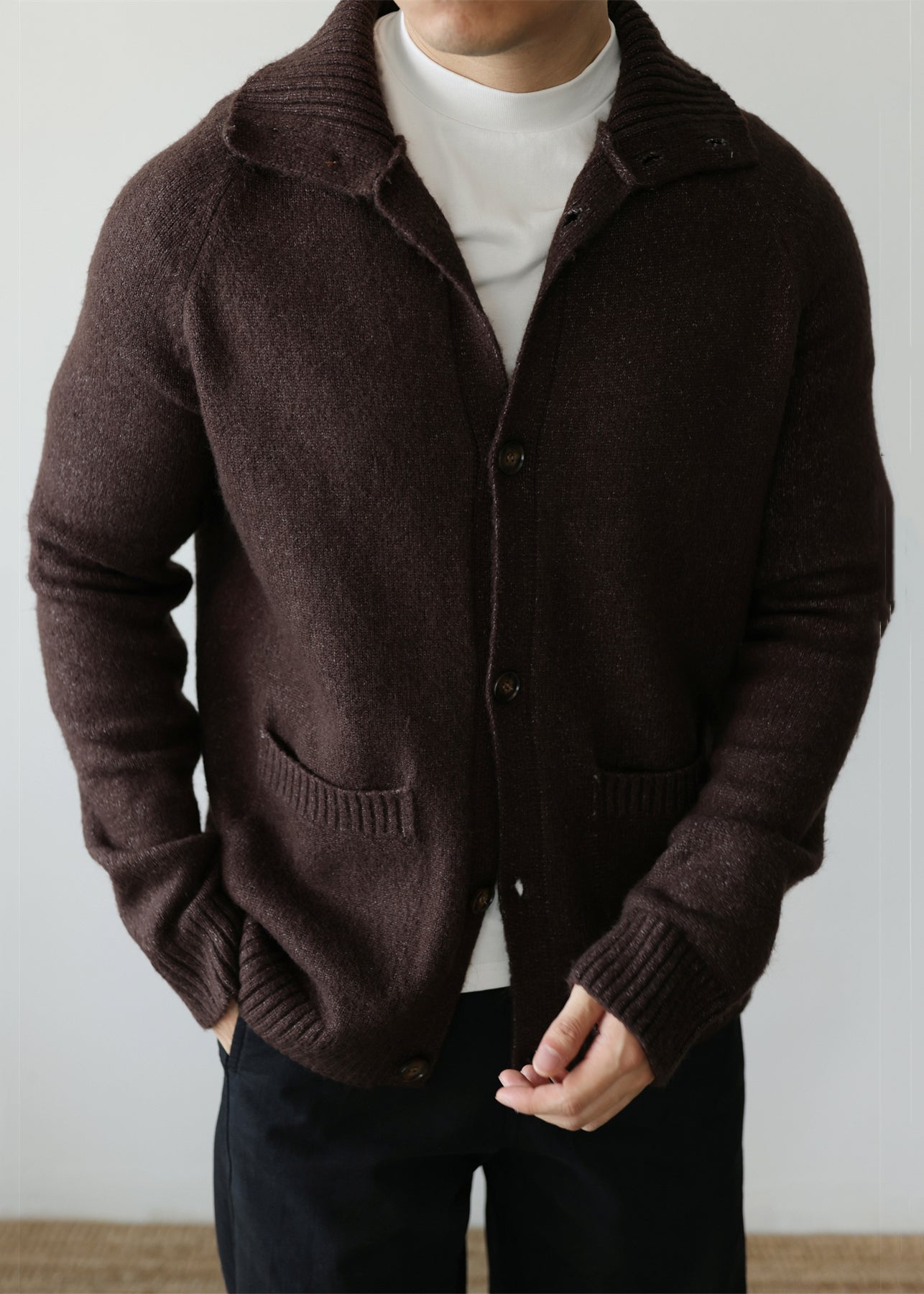 Coffee Pockets Cozy Cotton Knit Cardigan Peter Pan Collar