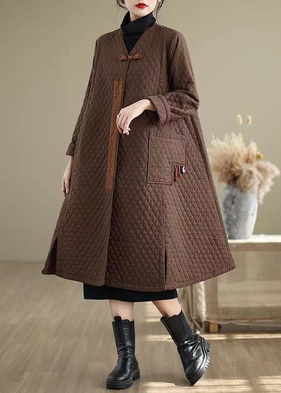 Coffee Pockets Fine Cotton Filled Retro Coats V Neck Winter
