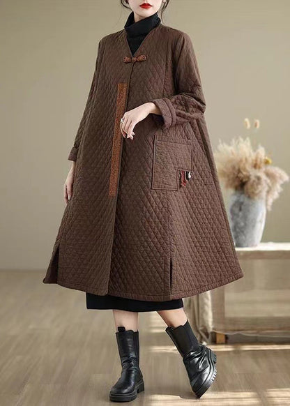 Coffee Pockets Fine Cotton Filled Retro Coats V Neck Winter