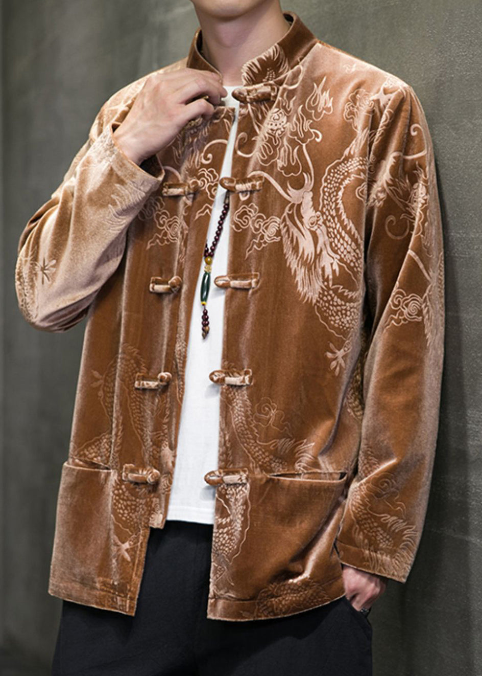 Coffee Pockets Patchwork Silk Velour Coat Spring