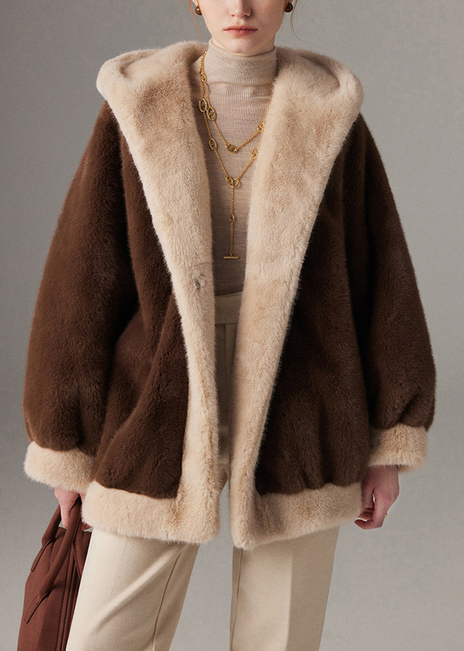 Coffee Pockets Patchwork Mink Hair Winter Coat Hooded