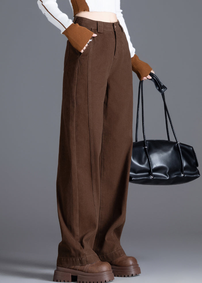 Coffee Pockets Denim Pants High Waist Spring