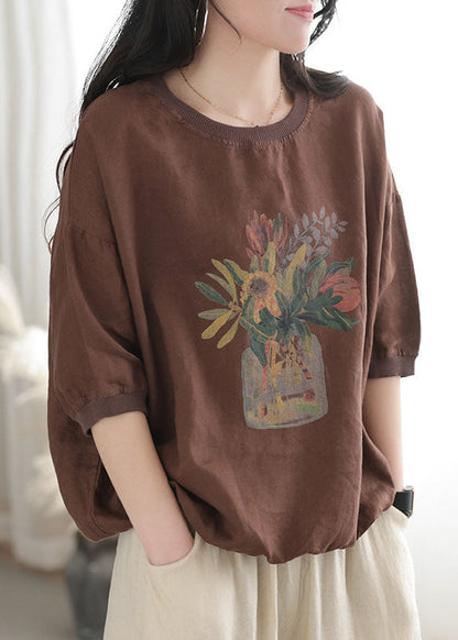 Chocolate Print Linen Tank Tops O-neck Oversized Short Sleeve