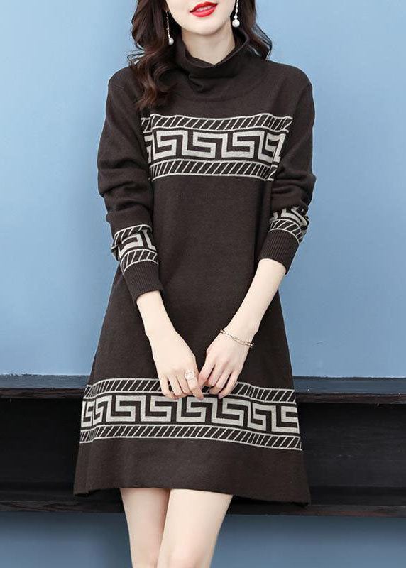 Chocolate Print Long a Line Dress Turtle Neck Long Sleeve