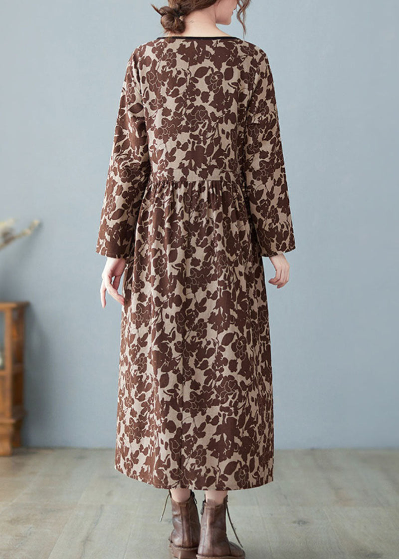 Chocolate Print Patchwork Wrinkled Linen Holiday Dress Spring