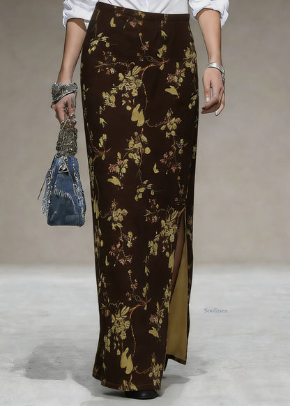 Coffee Print Side Open Silk Velvet Skirts High Waist