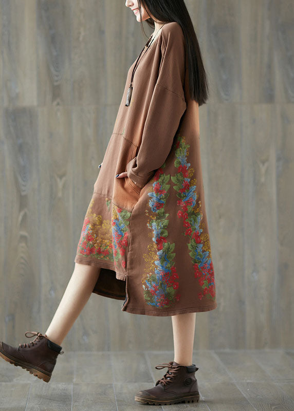 Chocolate Print Sweatshirt Dresses Pockets Spring