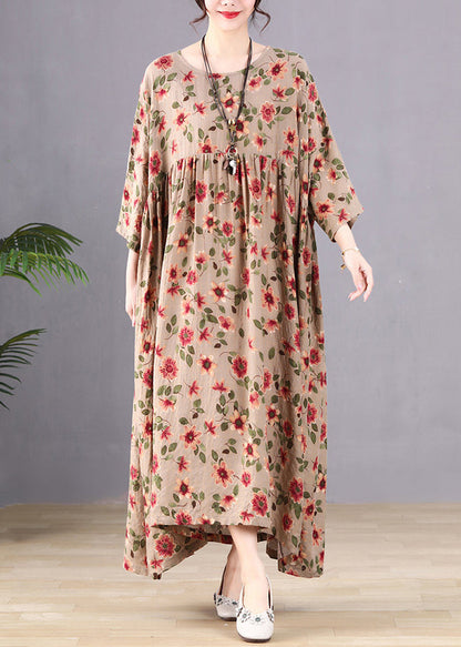 Coffee Print Wrinkled Long Holiday Dresses Spring