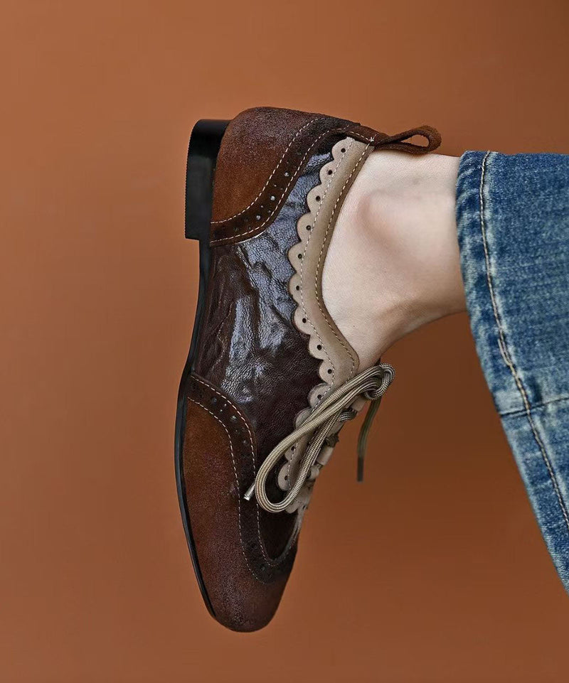 Coffee Sheepskin Splicing Lace Up Loafers for