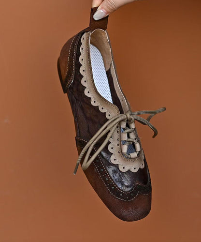 Coffee Sheepskin Splicing Lace Up Loafers for