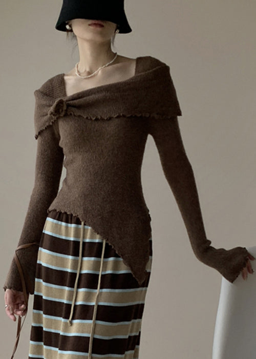 Coffee Knitting Cotton Sweater Square Collar Flare Sleeve