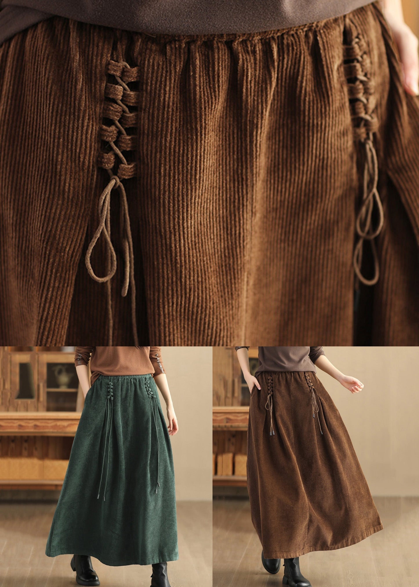 Coffee Lace Up Corduroy Skirts High Waist